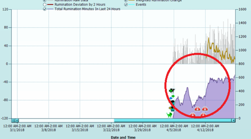 Graf přežvykování otelené krávy, kdy se začalo s léčbou drenčem, pozitivní odezva a pokračování s agresivnější formou léčby.